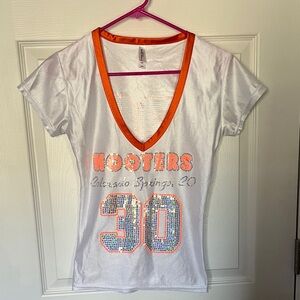 Rare Sequin White and Orange Hooters V-Neck Jersey